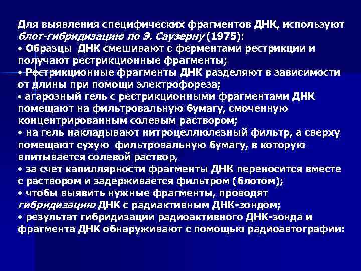 Для выявления специфических фрагментов ДНК, используют блот-гибридизацию по Э. Саузерну (1975): • Образцы ДНК