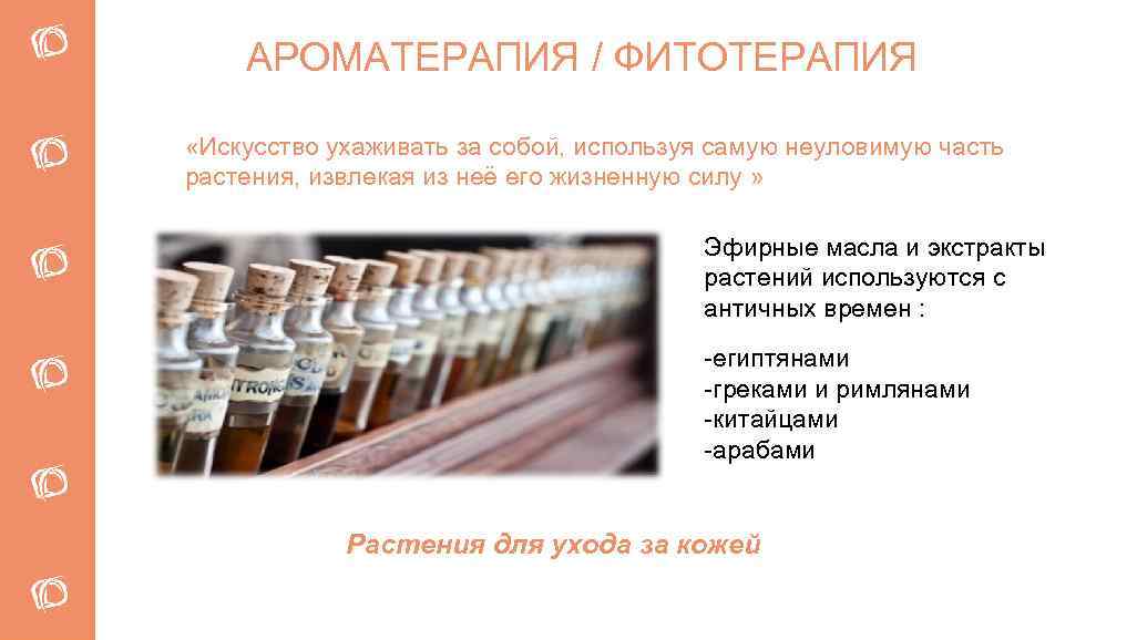 АРОМАТЕРАПИЯ / ФИТОТЕРАПИЯ «Искусство ухаживать за собой, используя самую неуловимую часть растения, извлекая из