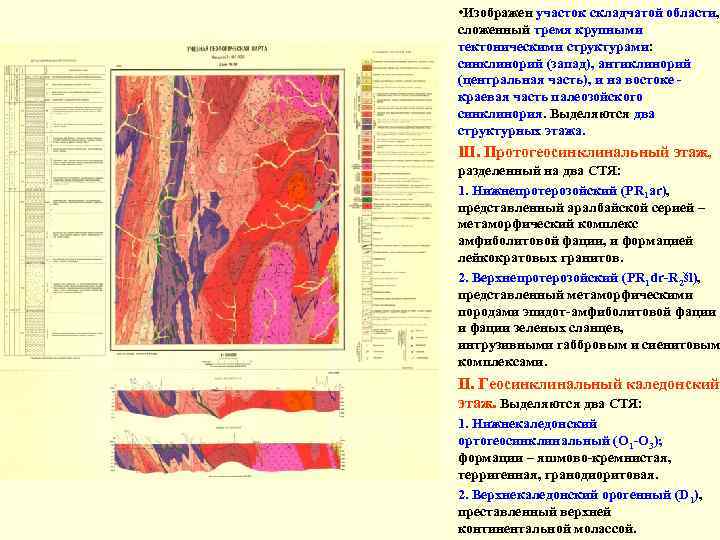  • Изображен участок складчатой области, сложенный тремя крупными тектоническими структурами: синклинорий (запад), антиклинорий