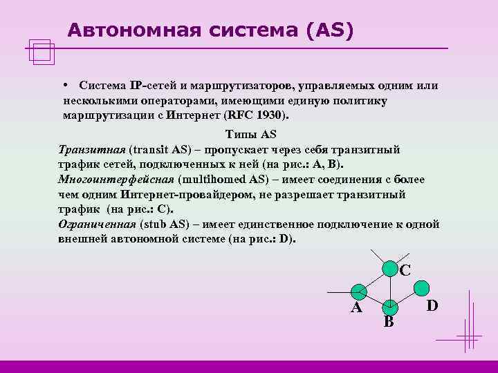  Автономная система (AS)  • Система IP-сетей и маршрутизаторов, управляемых одним или несколькими