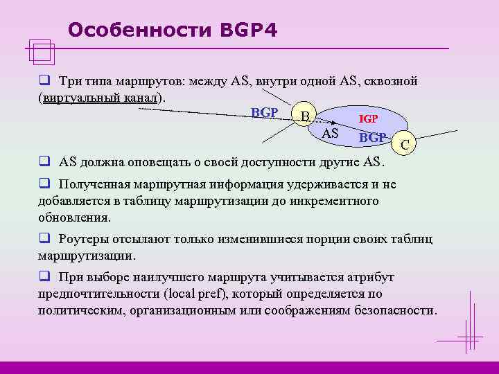   Особенности BGP 4 q Три типа маршрутов: между AS, внутри одной AS,