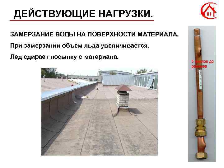 ДЕЙСТВУЮЩИЕ НАГРУЗКИ. ЗАМЕРЗАНИЕ ВОДЫ НА ПОВЕРХНОСТИ МАТЕРИАЛА. При замерзании объем льда увеличивается. Лед сдирает