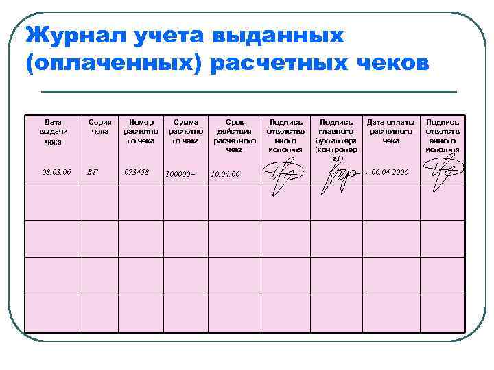Журнал учета выданных (оплаченных) расчетных чеков Дата выдачи чека 08. 03. 06 Серия чека