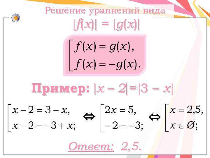 Решение уравнений вида f ( x) = g ( x) Пример: x – 2