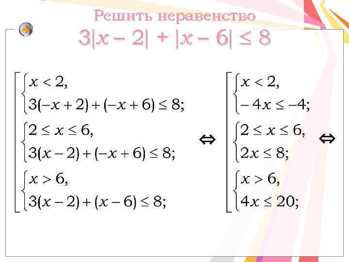 Решить неравенство 3 x – 2 + х – 6 8 ⇔ ⇔ 