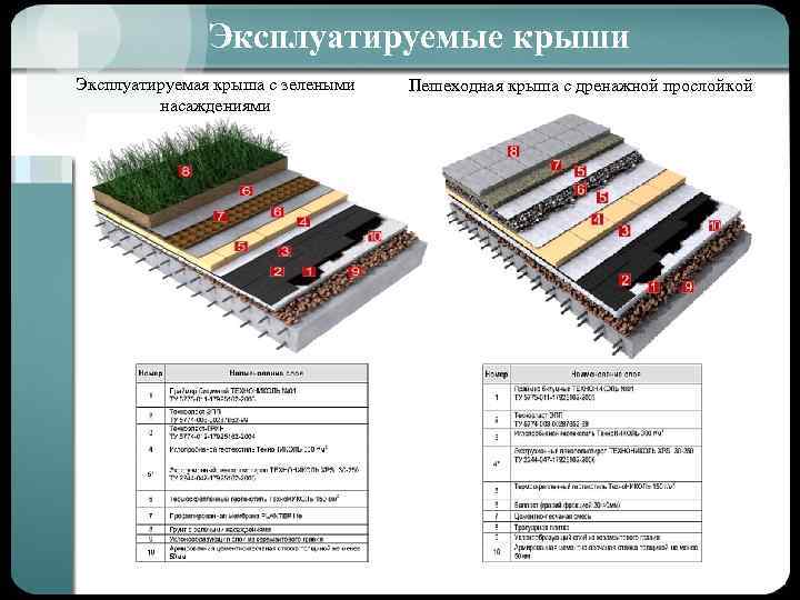 Эксплуатируемые крыши Эксплуатируемая крыша с зелеными насаждениями Пешеходная крыша с дренажной прослойкой 