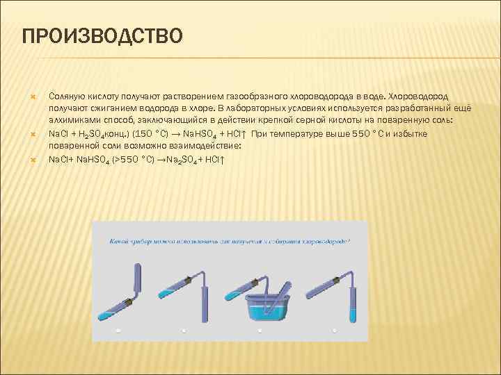 ПРОИЗВОДСТВО Соляную кислоту получают растворением газообразного хлороводорода в воде. Хлороводород получают сжиганием водорода в