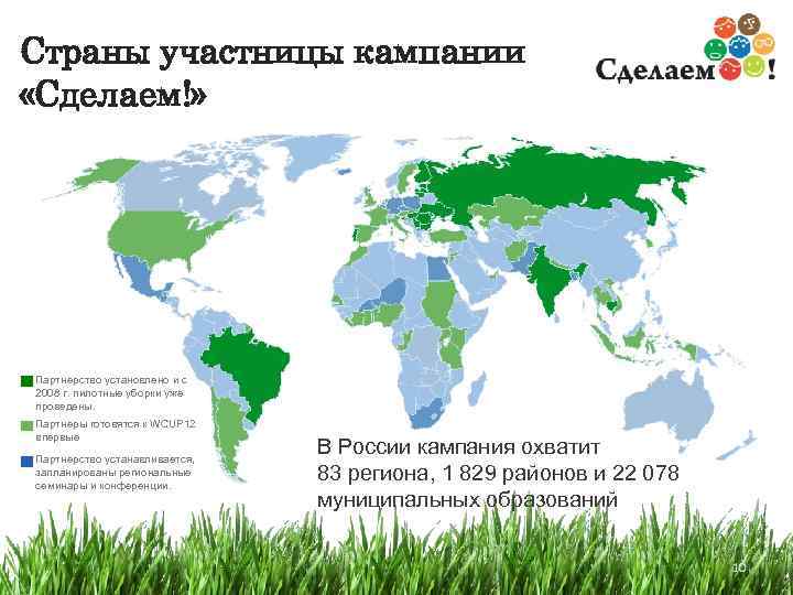 Страны участницы кампании «Сделаем!» Партнерство установлено и с 2008 г. пилотные уборки уже проведены.
