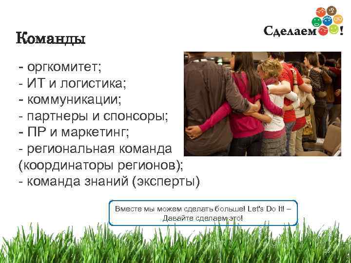 Команды  - оргкомитет; - ИТ и логистика; - коммуникации; - партнеры и спонсоры;