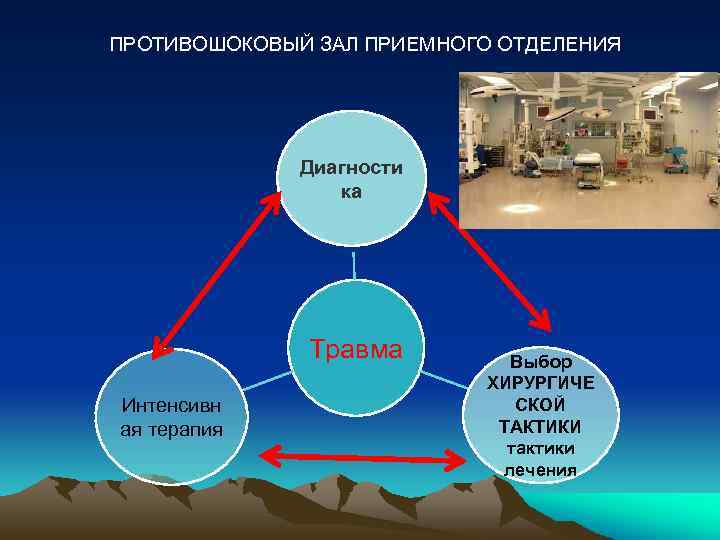 ПРОТИВОШОКОВЫЙ ЗАЛ ПРИЕМНОГО ОТДЕЛЕНИЯ Диагности ка Травма Интенсивн ая терапия Выбор ХИРУРГИЧЕ СКОЙ ТАКТИКИ