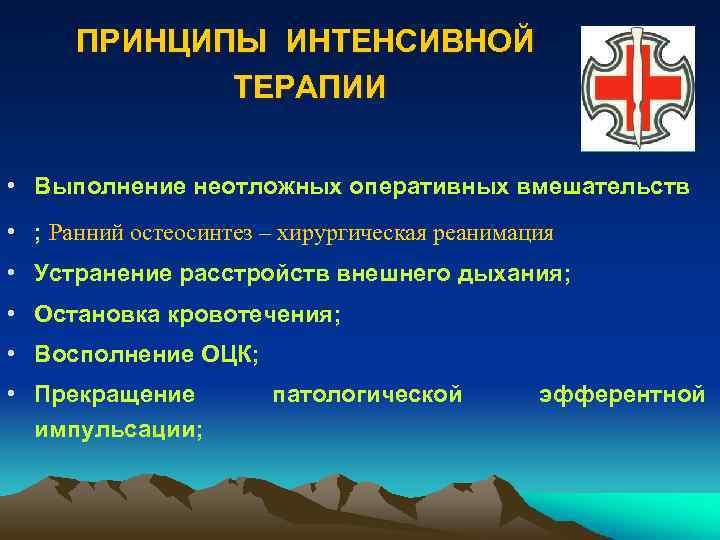 ПРИНЦИПЫ ИНТЕНСИВНОЙ ТЕРАПИИ • Выполнение неотложных оперативных вмешательств • ; Ранний остеосинтез – хирургическая