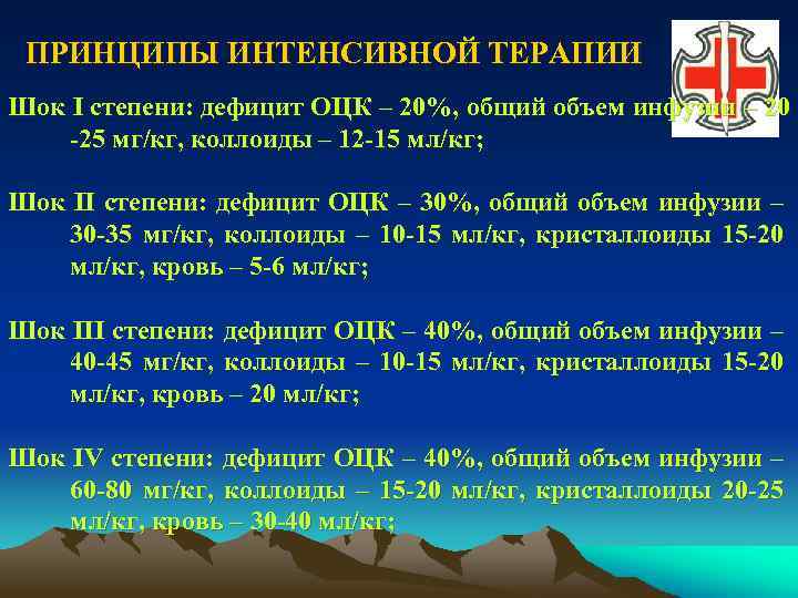 ПРИНЦИПЫ ИНТЕНСИВНОЙ ТЕРАПИИ Шок I степени: дефицит ОЦК – 20%, общий объем инфузии –