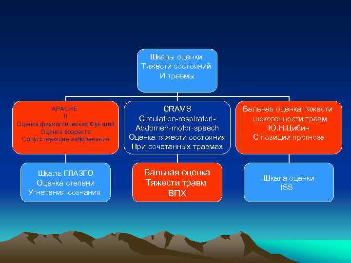 Шкалы оценки Тяжести состояний И травмы АРАСНЕ II Оценка физиолгических Функций Оценка возраста Сопутствующие