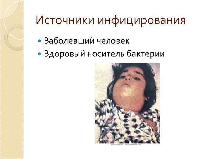 Источники инфицирования Заболевший человек Здоровый носитель бактерии 
