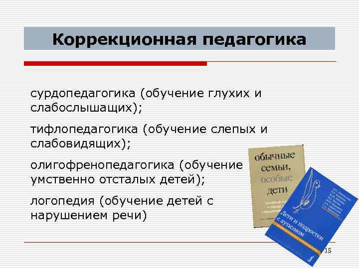 Коррекционная педагогика сурдопедагогика (обучение глухих и слабослышащих); тифлопедагогика (обучение слепых и слабовидящих); олигофренопедагогика (обучение