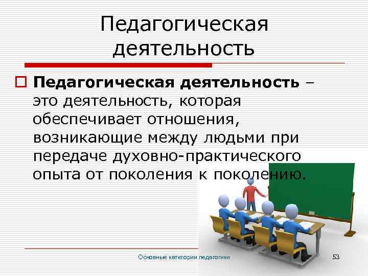 Педагогическая деятельность o Педагогическая деятельность – это деятельность, которая обеспечивает отношения, возникающие между людьми