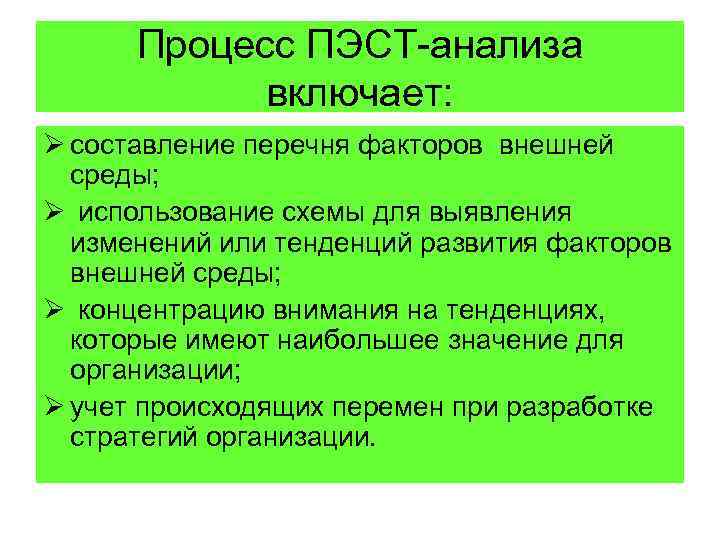 Процесс ПЭСТ-анализа включает: Ø составление перечня факторов внешней среды; Ø использование схемы для выявления
