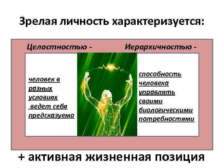 Зрелая личность характеризуется: Целостностью - человек в разных условиях ведет себя предсказуемо Иерархичностью способность