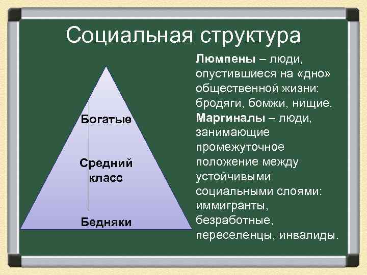 Социальная структура Богатые Средний класс Бедняки Люмпены – люди, опустившиеся на «дно» общественной жизни: