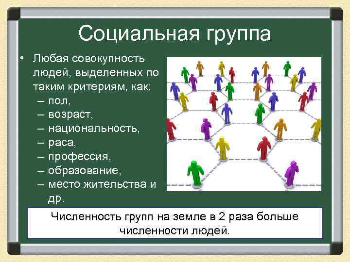 Социальная группа • Любая совокупность людей, выделенных по таким критериям, как: – пол, –
