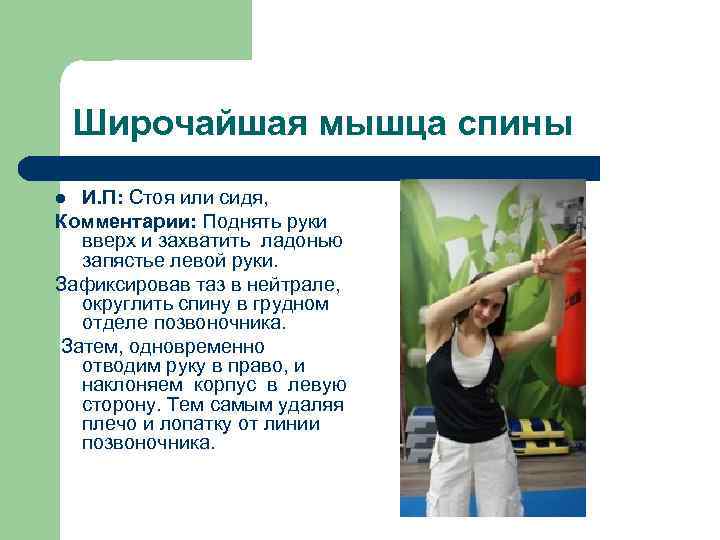 Широчайшая мышца спины И. П: Стоя или сидя, Комментарии: Поднять руки вверх и захватить