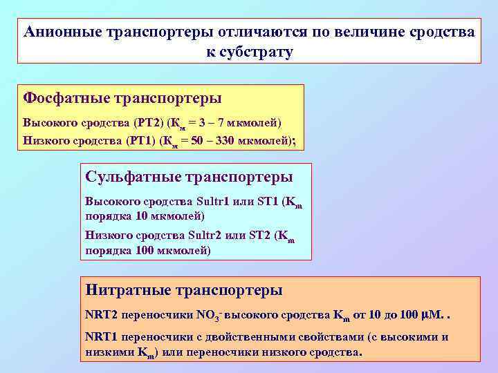 Анионные транспортеры отличаются по величине сродства к субстрату Фосфатные транспортеры Высокого сродства (PT 2)
