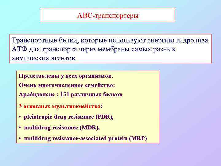 ABC-транспортеры Транспортные белки, которые используют энергию гидролиза АТФ для транспорта через мембраны самых разных