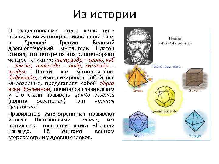     Из истории О существовании всего лишь пяти правильных многогранников знали