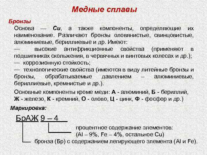 Медные сплавы Бронзы Основа — Сu, а также компоненты, определяющие их наименование. Различают бронзы