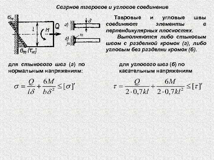 Сварное тавровое и угловое соединение Тавровые и угловые швы соединяют элементы в перпендикулярных плоскостях.