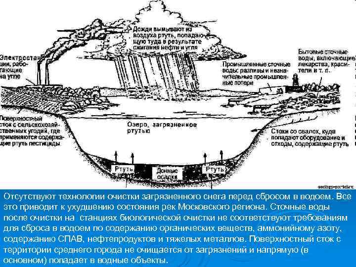Отсутствуют технологии очистки загрязненного снега перед сбросом в водоем. Все это приводит к ухудшению