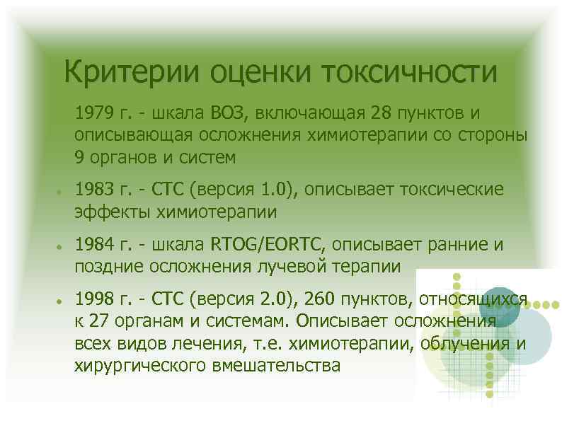 Критерии оценки токсичности 1979 г. - шкала ВОЗ, включающая 28 пунктов и описывающая осложнения