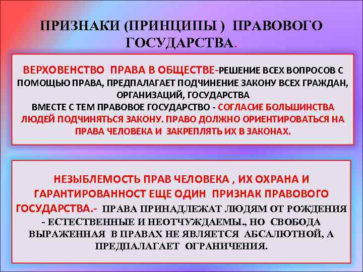 ПРИЗНАКИ (ПРИНЦИПЫ ) ПРАВОВОГО ГОСУДАРСТВА. ВЕРХОВЕНСТВО ПРАВА В ОБЩЕСТВЕ-РЕШЕНИЕ ВСЕХ ВОПРОСОВ С ПОМОЩЬЮ ПРАВА,
