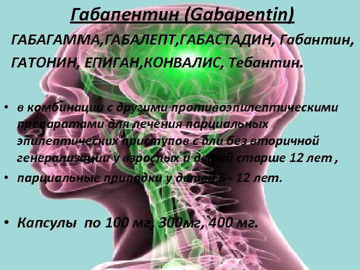 Габапентин (Gabapentin) ГАБАГАММА, ГАБАЛЕПТ, ГАБАСТАДИН, Габантин, ГАТОНИН, ЕПИГАН, КОНВАЛИС, Тебантин. • в комбинации с