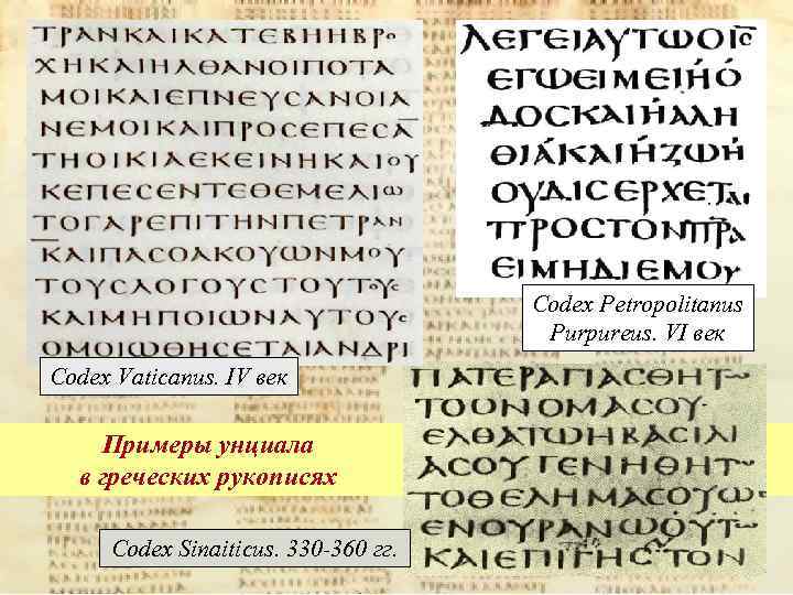Codex Petropolitanus Purpureus. VI век Codex Vaticanus. IV век Примеры унциала в греческих рукописях