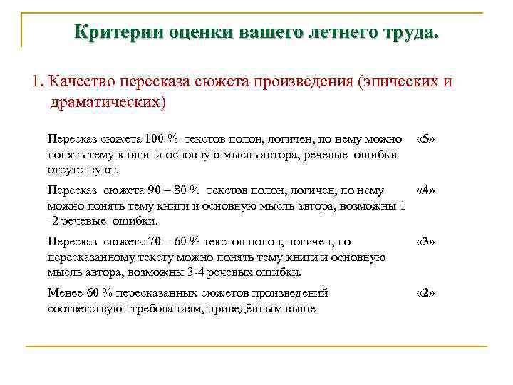Критерии оценки вашего летнего труда. 1. Качество пересказа сюжета произведения (эпических и драматических) Пересказ