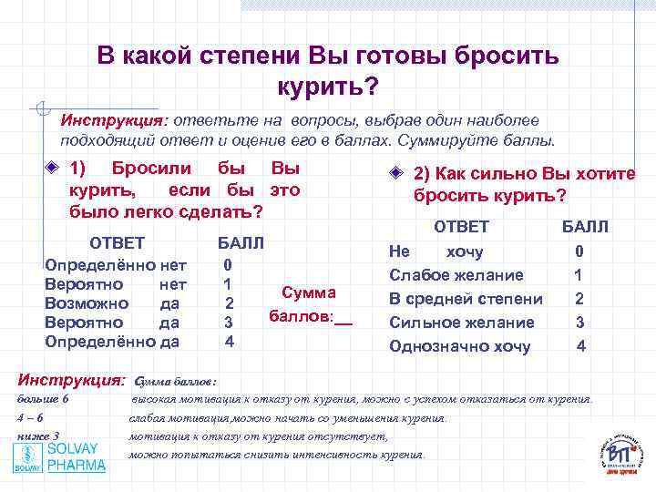 В какой степени Вы готовы бросить курить? Инструкция: ответьте на вопросы, выбрав один наиболее