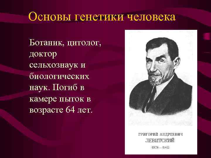 Основы генетики человека Ботаник, цитолог, доктор сельхознаук и биологических наук. Погиб в камере пыток