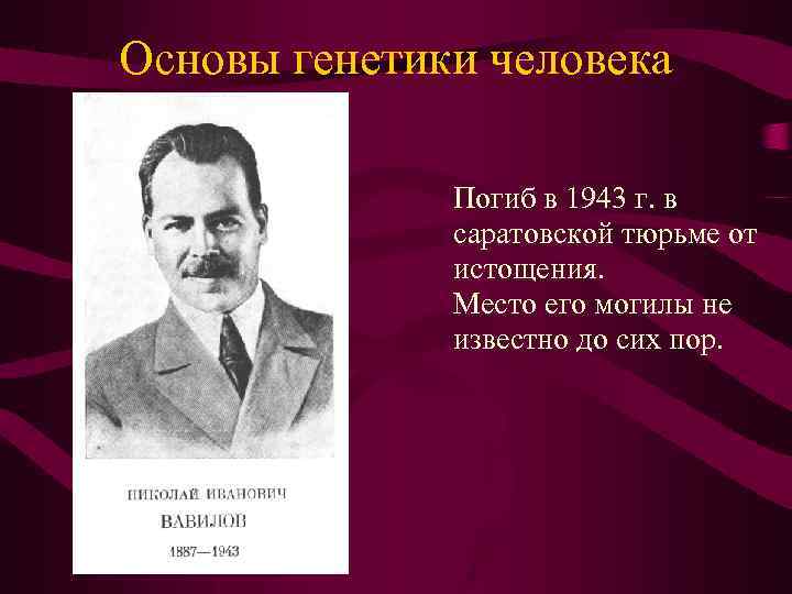 Основы генетики человека Погиб в 1943 г. в саратовской тюрьме от истощения. Место его