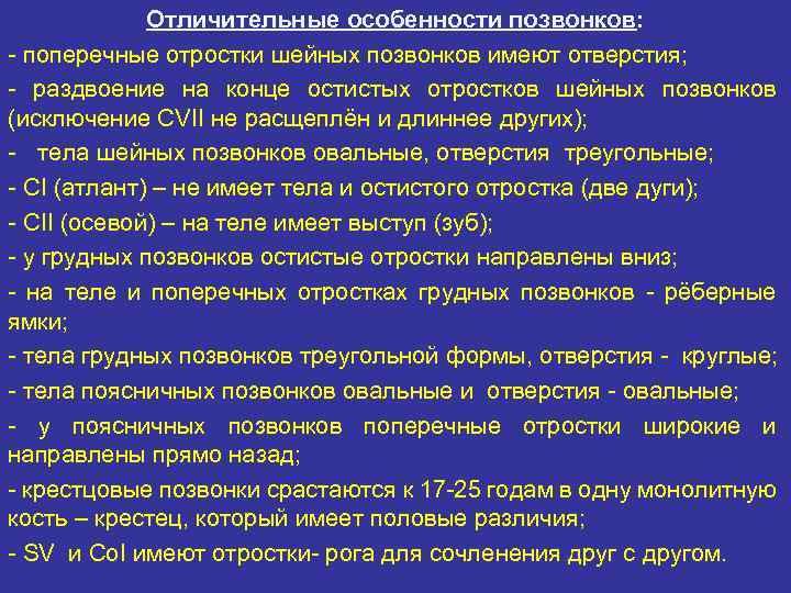 Особенности позвонков. Отличительные особенности позвонков. Отличительные особенности позвонков разных отделов. Особенности строения позвонков. Отличительные признаки позвонков по отделам.