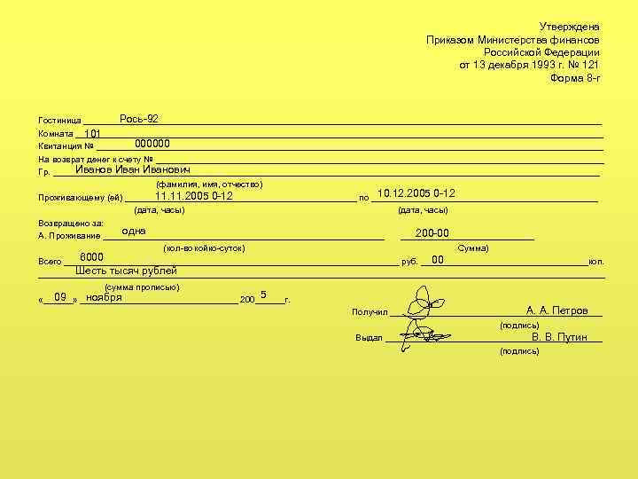 Утверждена Приказом Министерства финансов Российской Федерации от 13 декабря 1993 г. № 121 Форма