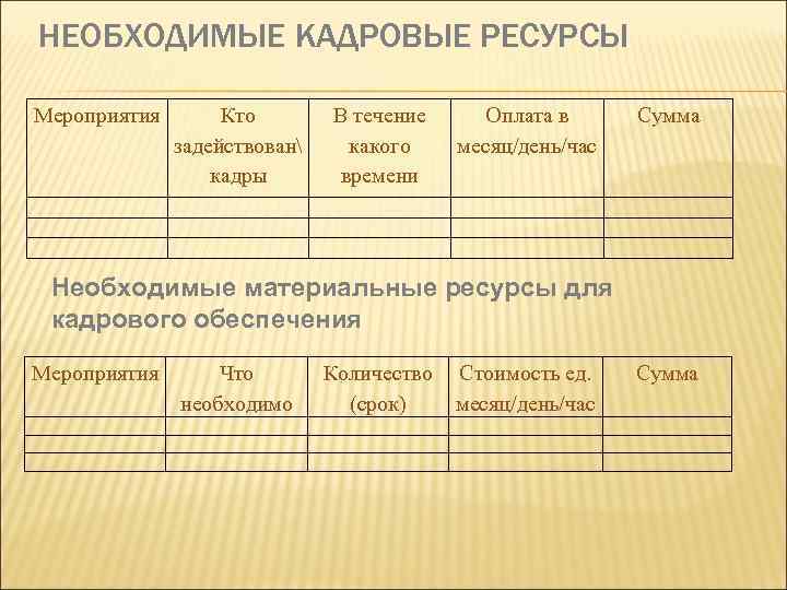 НЕОБХОДИМЫЕ КАДРОВЫЕ РЕСУРСЫ Мероприятия Кто задействован кадры В течение какого времени Оплата в месяц/день/час