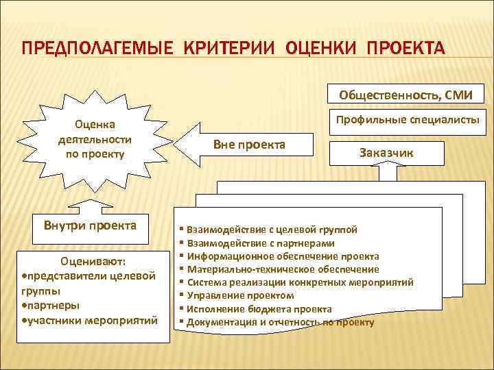 ПРЕДПОЛАГЕМЫЕ КРИТЕРИИ ОЦЕНКИ ПРОЕКТА Общественность, СМИ Оценка деятельности по проекту Внутри проекта Оценивают: ·представители