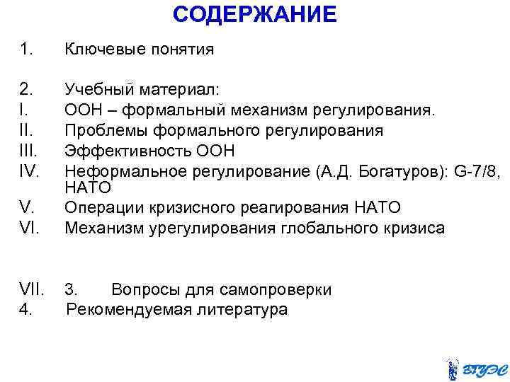 СОДЕРЖАНИЕ 1. Ключевые понятия 2. I. III. IV. Учебный материал: ООН – формальный механизм