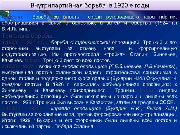 Внутрипартийная борьба в 1920 е годы Причина: Борьба за власть среди руководящего ядра партии,