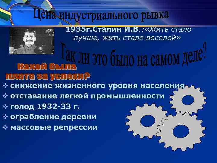 1935 г. Сталин И. В. : «Жить стало лучше, жить стало веселей» v снижение