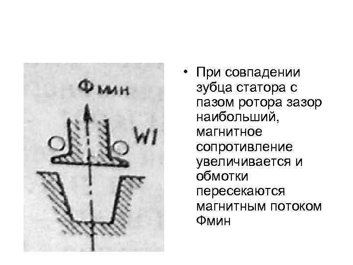  • При совпадении зубца статора с пазом ротора зазор наибольший, магнитное сопротивление увеличивается