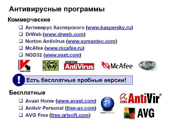Антивирусные программы Коммерческие q q q Антивирус Касперского (www. kaspersky. ru) Dr. Web (www.