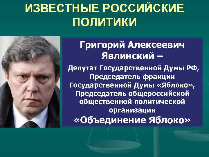ИЗВЕСТНЫЕ РОССИЙСКИЕ ПОЛИТИКИ Григорий Алексеевич Явлинский – Депутат Государственной Думы РФ, Председатель фракции Государственной