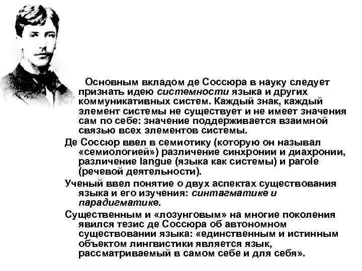Основным вкладом де Соссюра в науку следует признать идею системности языка и других коммуникативных